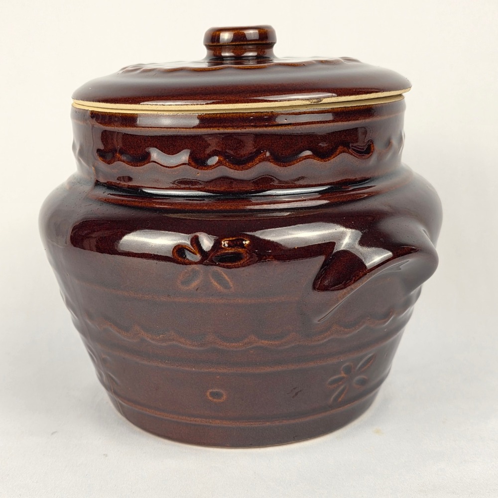 MAR‎ CREST Vtg Crock Pot Oven Proof Stoneware with Lid Brown 2 Handles Bean Pot - Picture 2 of 16